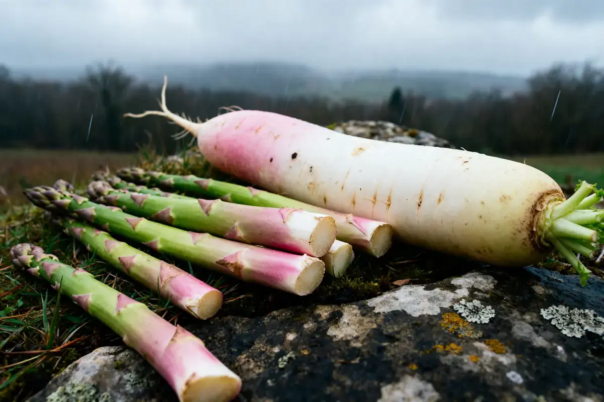 Asperges et daikon sauvages sur rocher sous la pluie légumes par D