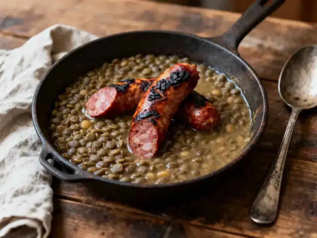 Plat de lentilles avec saucisses grillées dans une poêle en fonte sur une table en bois.