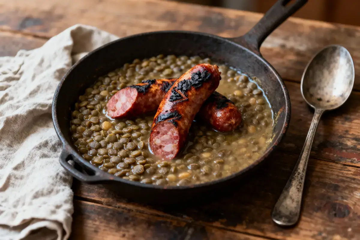 Plat de lentilles avec saucisses grillées dans une poêle en fonte sur une table en bois.