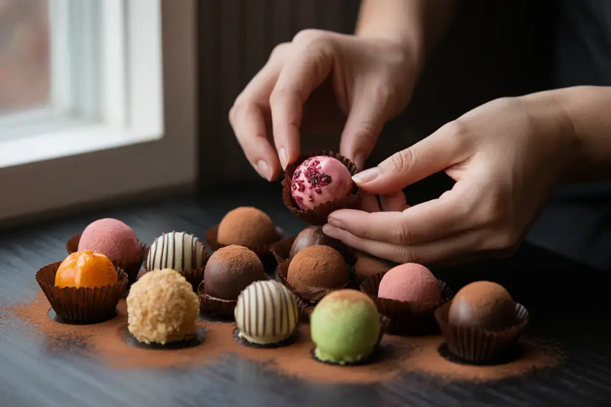 Deux mains présentent des bonbons chocolatés colorés, disposés sur une surface sombre, avec de la poudre de cacao.