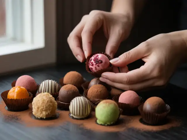 Deux mains présentent des bonbons chocolatés colorés, disposés sur une surface sombre, avec de la poudre de cacao.