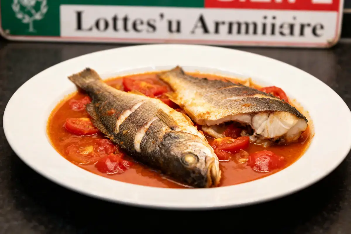 Plat de poisson entier sur sauce tomate dans une assiette blanche, avec pancarte en arrière-plan.