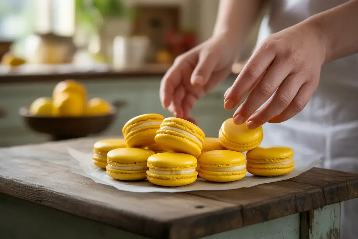 Mains disposant des macarons jaunes au citron sur un plan de travail en bois