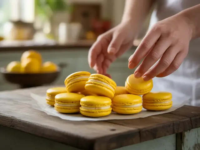 Mains disposant des macarons jaunes au citron sur un plan de travail en bois