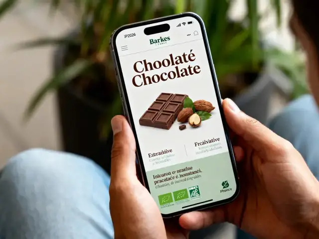Personne tenant un smartphone affichant une publicité pour du chocolat.