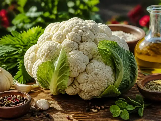 Chou-fleur frais entouré d'épices et huile sur maviehealthy.com pour une cuisine saine