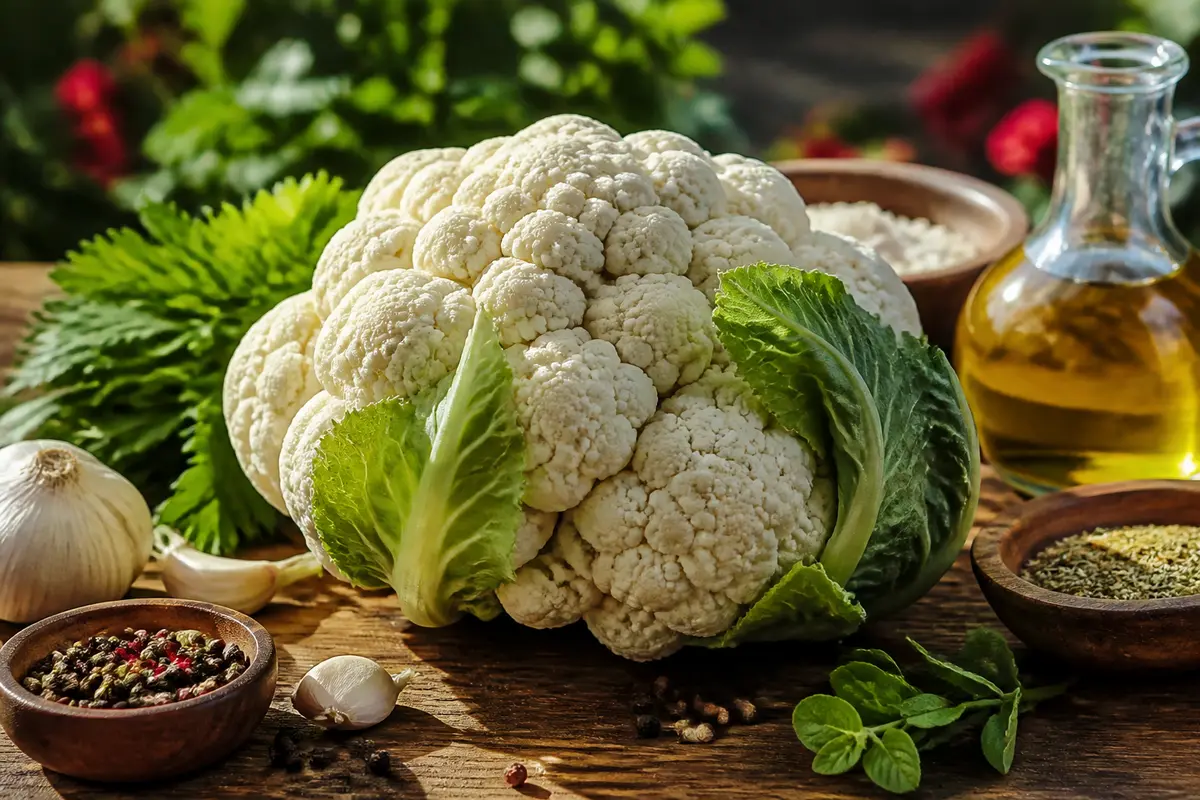Chou-fleur frais entouré d'épices et huile sur maviehealthy.com pour une cuisine saine