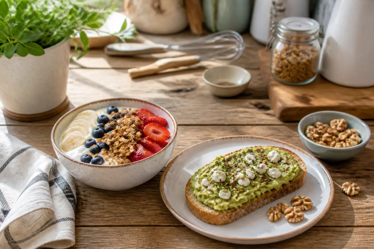 Bol de yaourt aux fruits et tartine d'avocat pour déjeuner sur maviehealthy.com