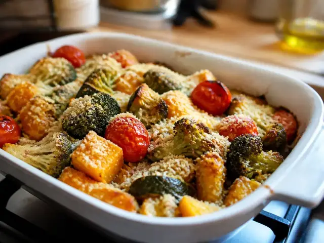 Gratin de légumes colorés au four pour maviehealthy.com sur plan de travail cuisine