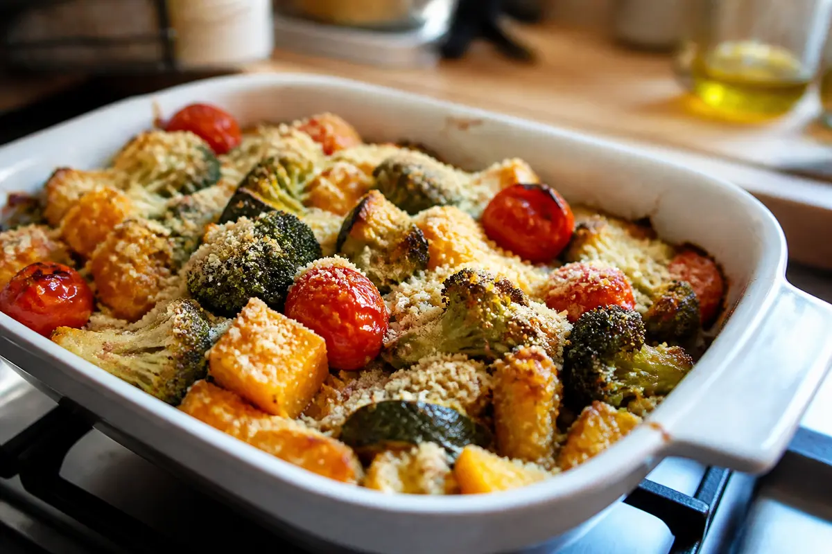 Gratin de légumes colorés au four pour maviehealthy.com sur plan de travail cuisine