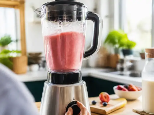 Mixeur préparant un smoothie rose dans une cuisine moderne sur maviehealthy.com