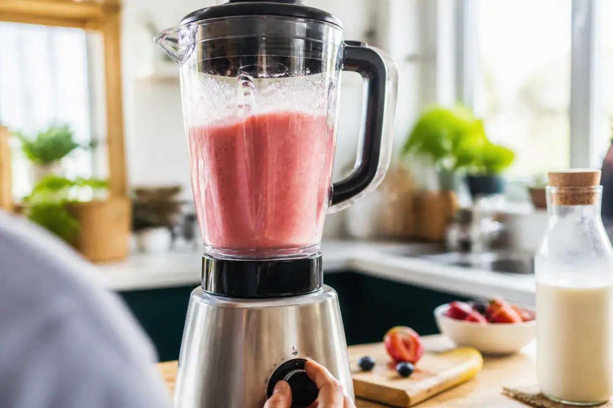 Mixeur préparant un smoothie rose dans une cuisine moderne sur maviehealthy.com