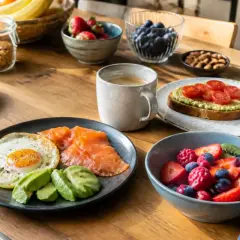 Petit déjeuner équilibré avec saumon, avocat, fruits et café sur maviehealthy.com