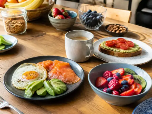 Petit déjeuner équilibré avec saumon, avocat, fruits et café sur maviehealthy.com