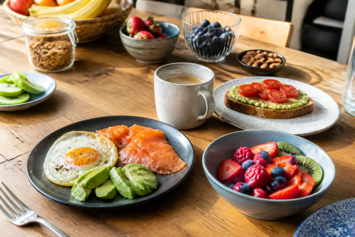 Petit déjeuner équilibré avec saumon, avocat, fruits et café sur maviehealthy.com