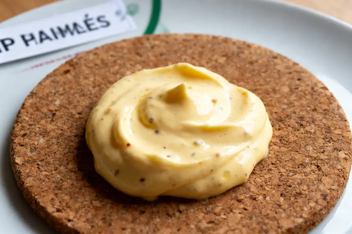 Boulette de sauce jaune crémeuse sur dessous de plat en liège, étiquette visible en arrière-plan.