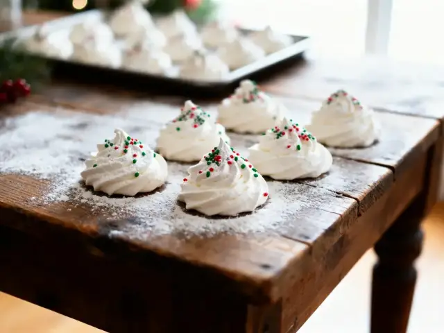 Meringues blanches sur table en bois, saupoudrées de sucre, décorées de vermicelles rouges et verts. Noël.