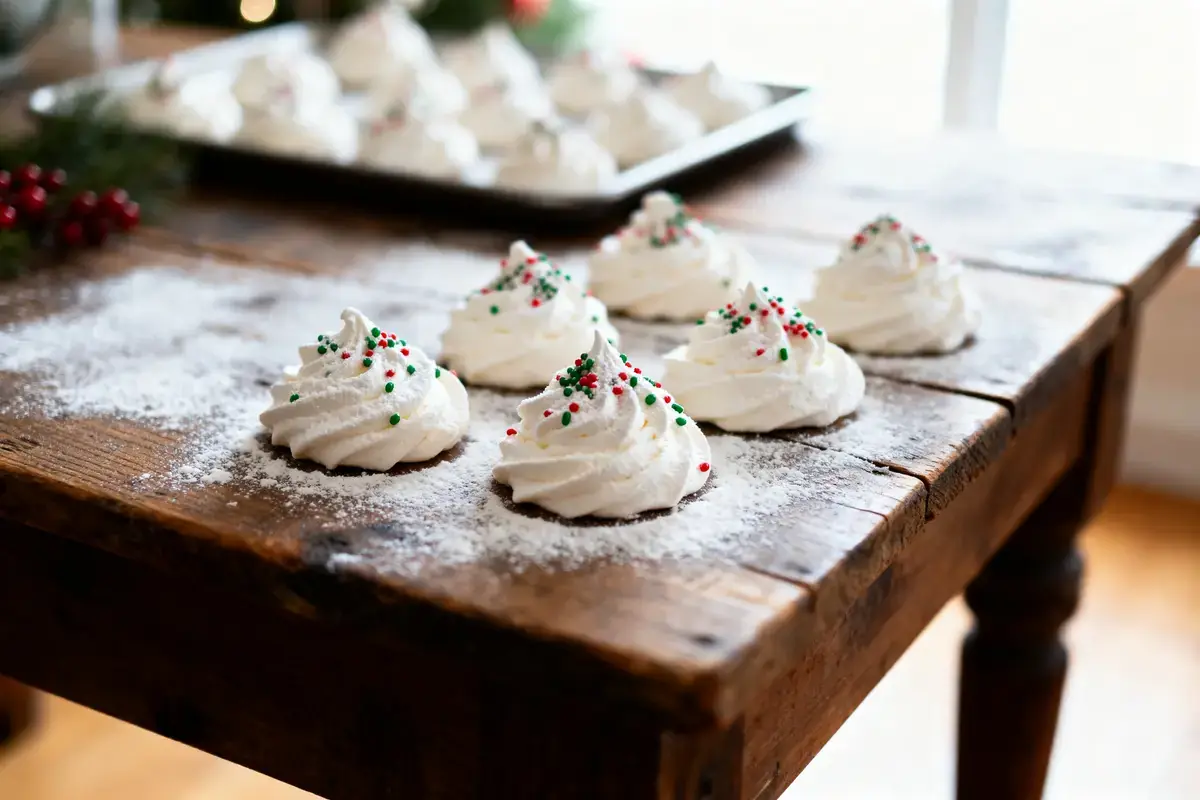 Meringues blanches sur table en bois, saupoudrées de sucre, décorées de vermicelles rouges et verts. Noël.