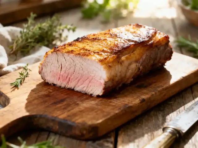 Rôti de viande juteux sur planche en bois, herbes fraîches et couteau à côté.