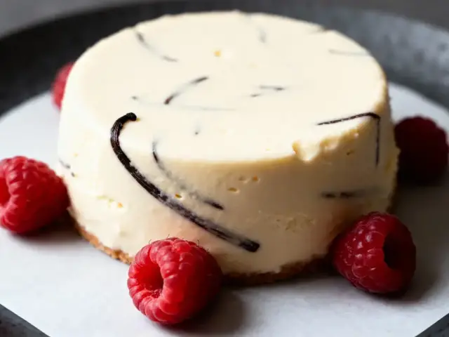 Cheesecake tourbillon chocolat sur assiette, entouré de framboises rouges fraîches, sur fond gris.