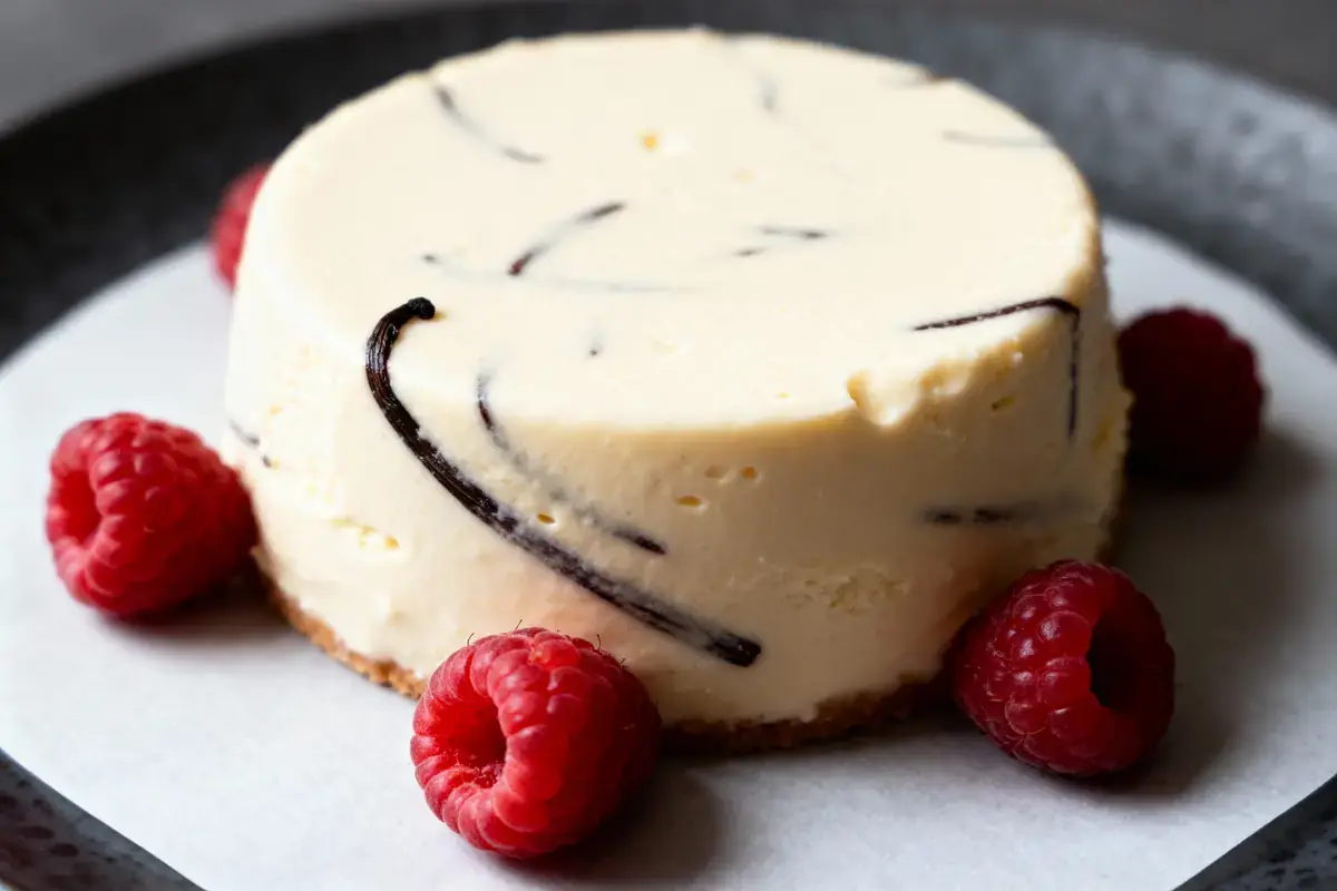 Cheesecake tourbillon chocolat sur assiette, entouré de framboises rouges fraîches, sur fond gris.