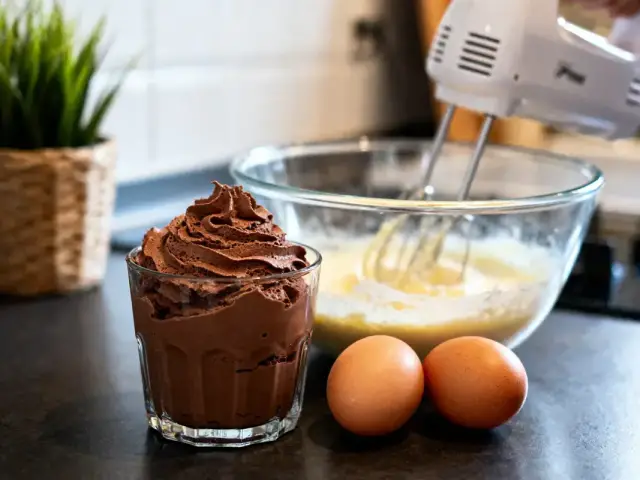 Verre de mousse au chocolat, œufs, batteur électrique et saladier sur un plan de travail de cuisine.
