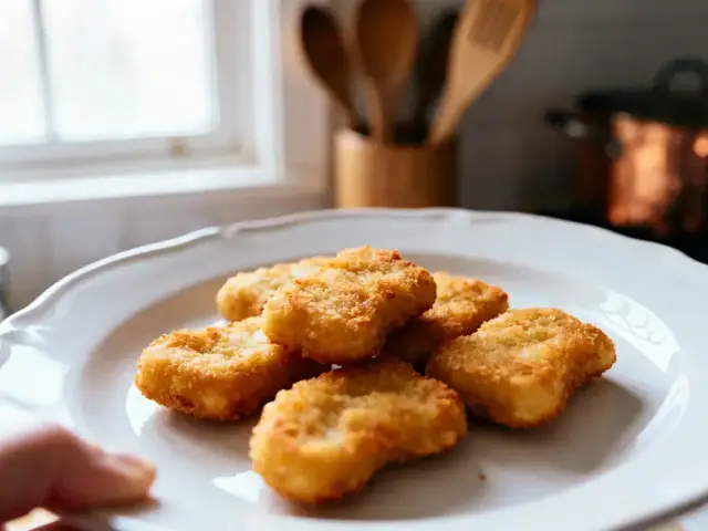Assiette de nuggets dorés, servie dans une cuisine lumineuse, ustensiles en bois en arrière-plan.