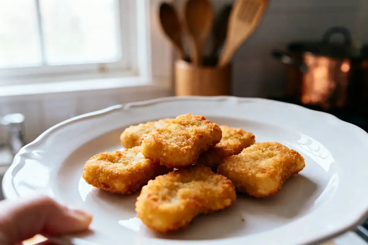 Assiette de nuggets dorés, servie dans une cuisine lumineuse, ustensiles en bois en arriÚre-plan.