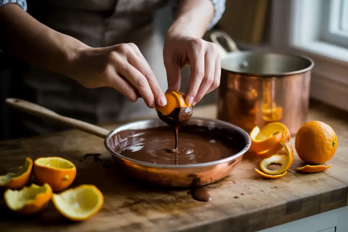 Écorce d'orange trempée dans une casserole de chocolat fondu