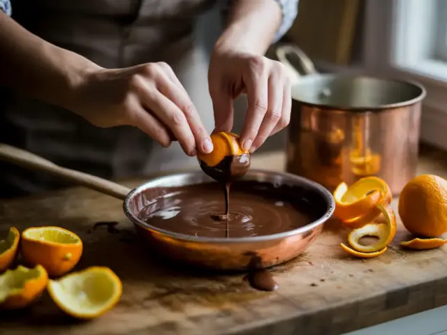 Écorce d'orange trempée dans une casserole de chocolat fondu
