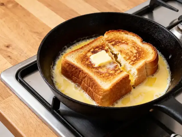 Tranches de pain perdu dorées avec beurre dans poêle noire sur cuisinière à gaz