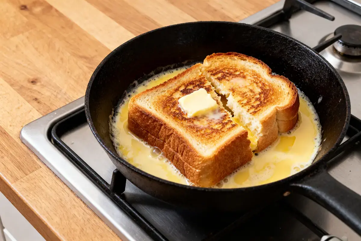 Tranches de pain perdu dorées avec beurre dans poêle noire sur cuisinière à gaz