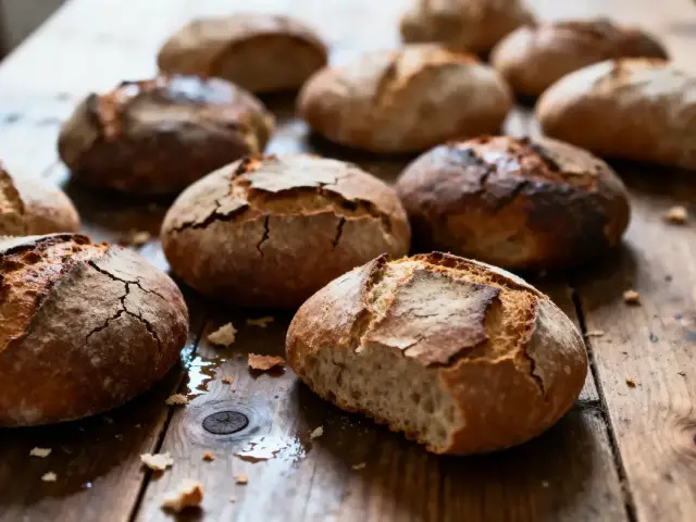 Boules de pain rustiques et croustillantes sur une table en bois, éclairage naturel.