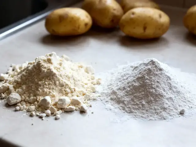 Deux tas de farine blanche et crème avec pommes de terre en arrière-plan sur un plan de travail.