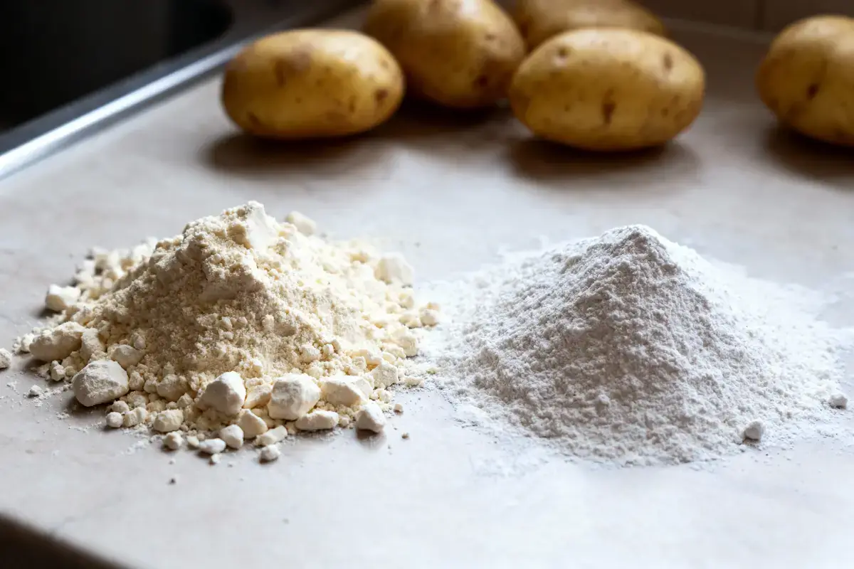Deux tas de farine blanche et crème avec pommes de terre en arrière-plan sur un plan de travail.
