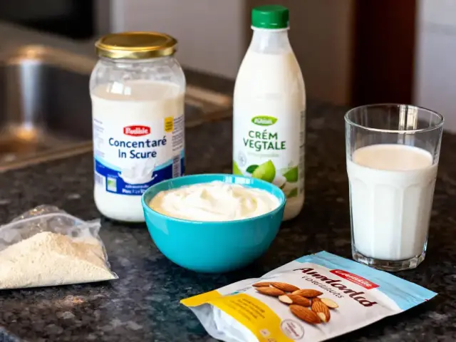 Bouteille de crème végétale, pot concentré sucre, bol yaourt, verre lait, amandes emballées, poudre.