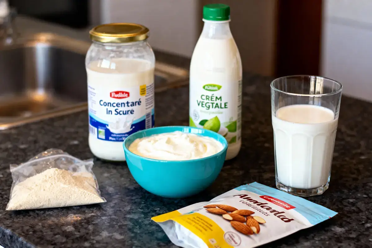 Bouteille de crème végétale, pot concentré sucre, bol yaourt, verre lait, amandes emballées, poudre.