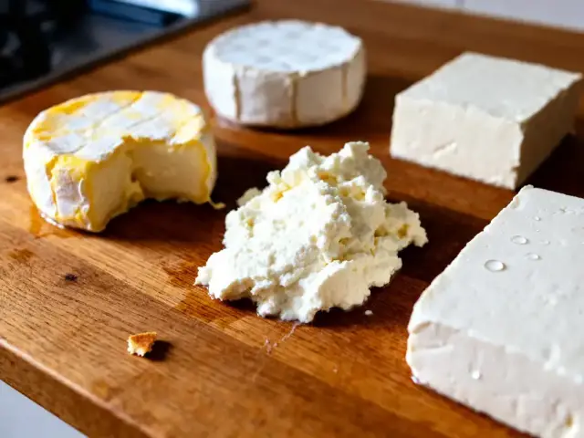 Différents fromages sur une planche suggérant par quoi remplacer la ricotta en cuisine
