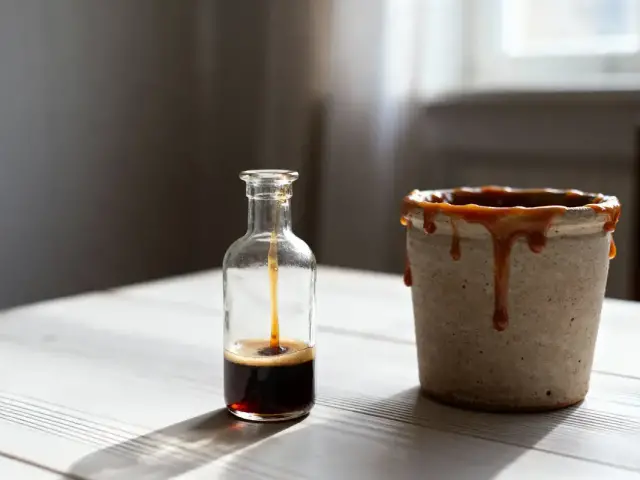 Petite bouteille de verre et pot en céramique avec caramel coulant sur table en bois.