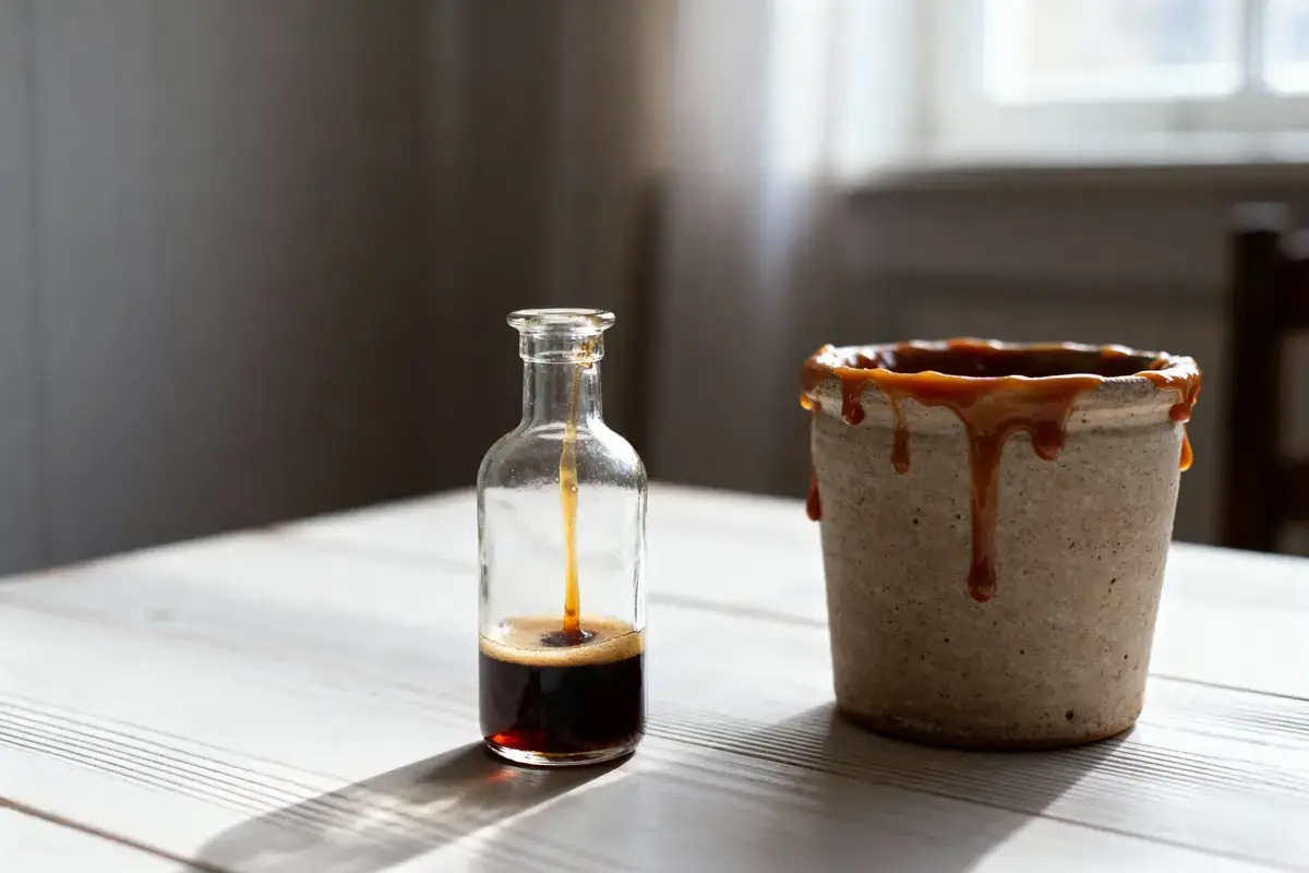 Petite bouteille de verre et pot en céramique avec caramel coulant sur table en bois.