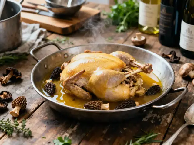 Poulet rôti dans poêle, accompagné de morilles, sur table en bois avec herbes aromatiques et bouteilles derrière.