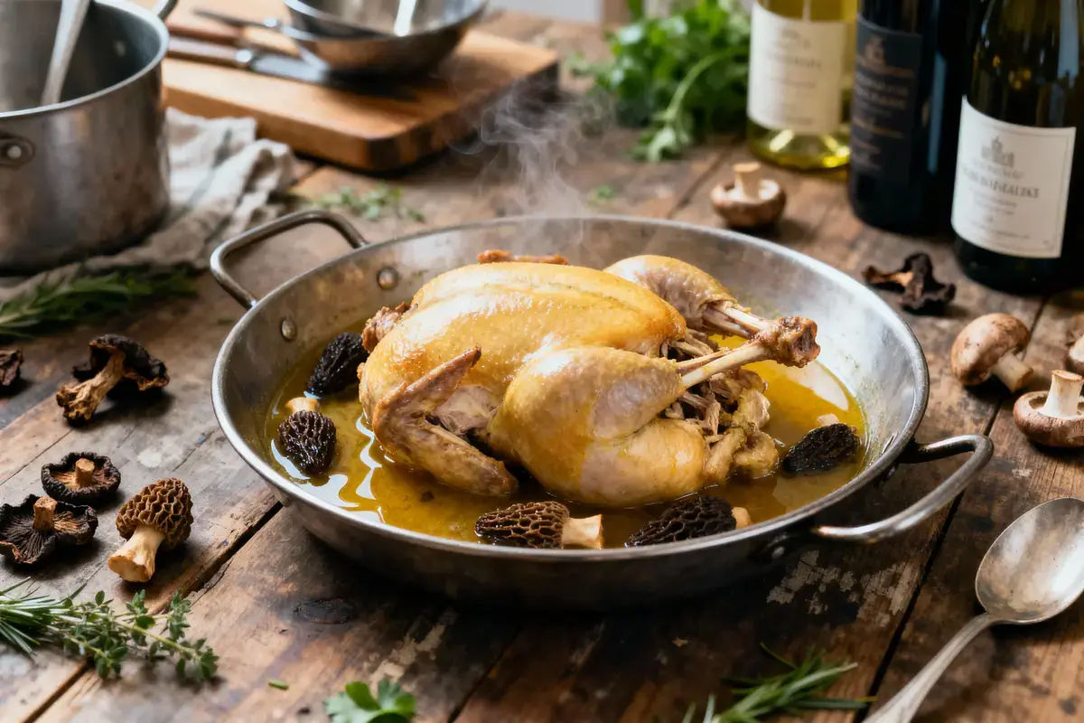 Poulet rôti dans poêle, accompagné de morilles, sur table en bois avec herbes aromatiques et bouteilles derrière.