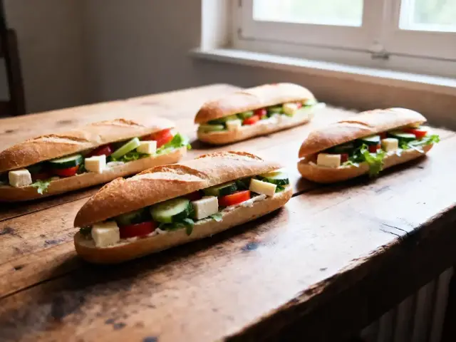 Quatre sandwiches baguette avec légumes et fromage sur une table en bois près d'une fenêtre.