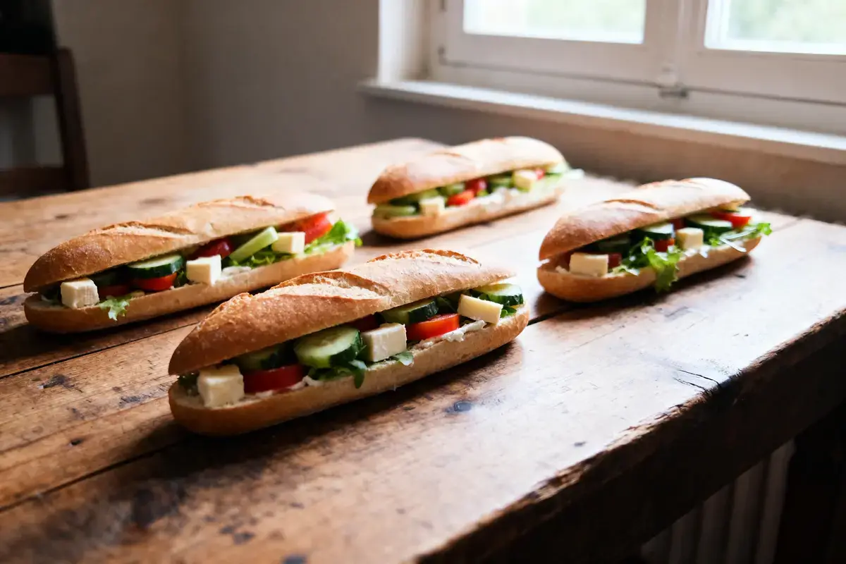 Quatre sandwiches baguette avec légumes et fromage sur une table en bois près d'une fenêtre.