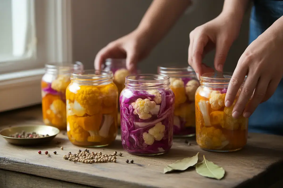 Des bocaux en verre contenant du chou-fleur coloré sont disposés sur une table en bois, avec des épices à côté.