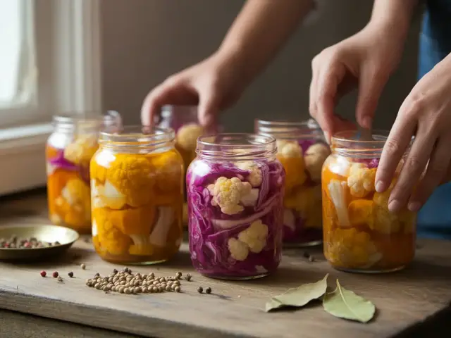 Des bocaux en verre contenant du chou-fleur coloré sont disposés sur une table en bois, avec des épices à côté.