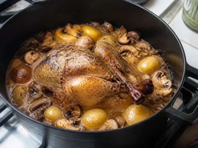 Pintade en cocotte avec pommes de terre et champignons mijotés sur une cuisinière