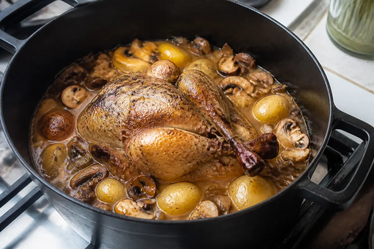 Pintade en cocotte avec pommes de terre et champignons mijotés sur une cuisinière