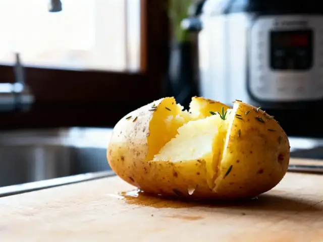 Pommes de terre grenailles au Cookeo avec herbes sur planche en cuisine lumineuse