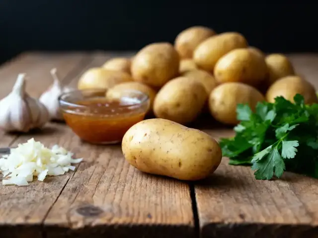 Pommes de terre, ail, persil, et sauce sur table en bois, ambiance rustique et cuisine.